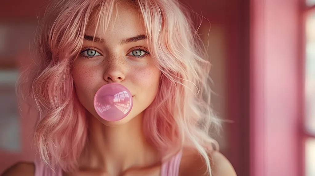 A young woman with long, pink, wavy hair stares directly at the camera. She is blowing a large bubble of bubble gum. Her light blue eyes stand out against her freckled skin. The image is taken from a close-up angle, with the background out of focus. The image is bright and colorful, capturing the carefree spirit of youth.