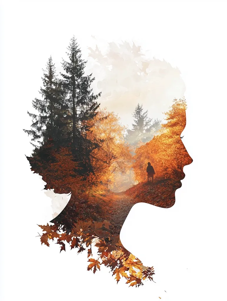 The image is a double exposure of a woman's profile and an autumn forest scene. The woman's silhouette is formed by the outline of the trees, with a lone figure walking through the forest. The leaves of the trees are a vibrant orange and yellow, creating a beautiful and ethereal effect. The image is a perfect representation of the beauty of nature and the power of imagination.