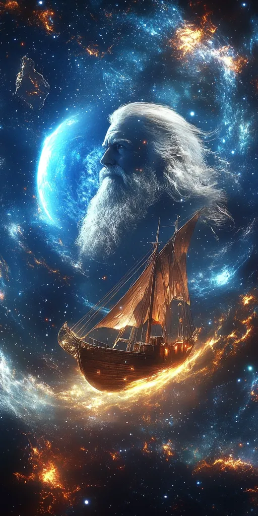 The image depicts a celestial scene with a large, bearded figure with flowing white hair, appearing as if he were a god. He is partially obscured by a blue planet in the distance, with the glow of distant stars and nebulae surrounding him. In the foreground, a sailing ship traverses the vast, starry sky, with flames trailing behind it. The image conveys a sense of wonder and cosmic majesty.