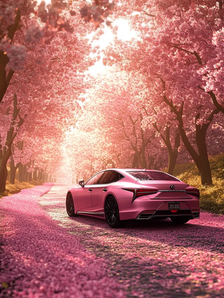 A pink car drives down a road lined with cherry blossom trees, the ground covered in fallen petals. The sun shines through the branches, creating a warm and romantic atmosphere. The car's paint matches the surrounding blossoms, creating a harmonious and beautiful scene.
