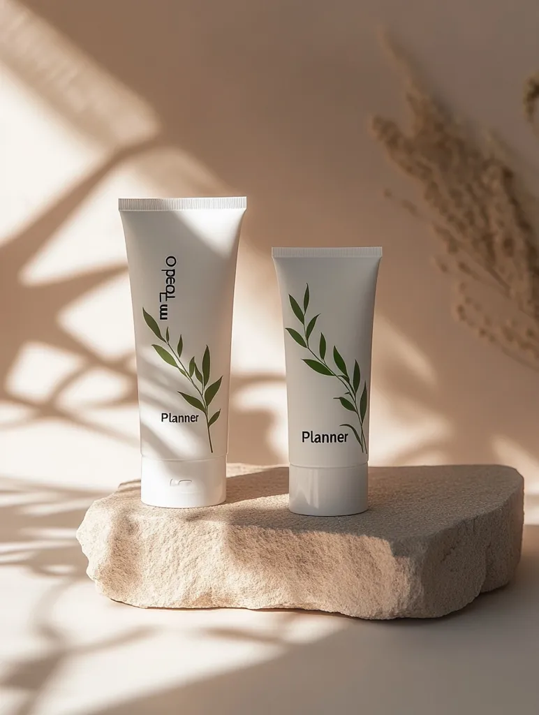Two white tubes of hand cream sit on a beige rock, with a natural light source casting shadows. The tubes have green leaves printed on them and the word "Planner" written in black. The background is a soft beige.