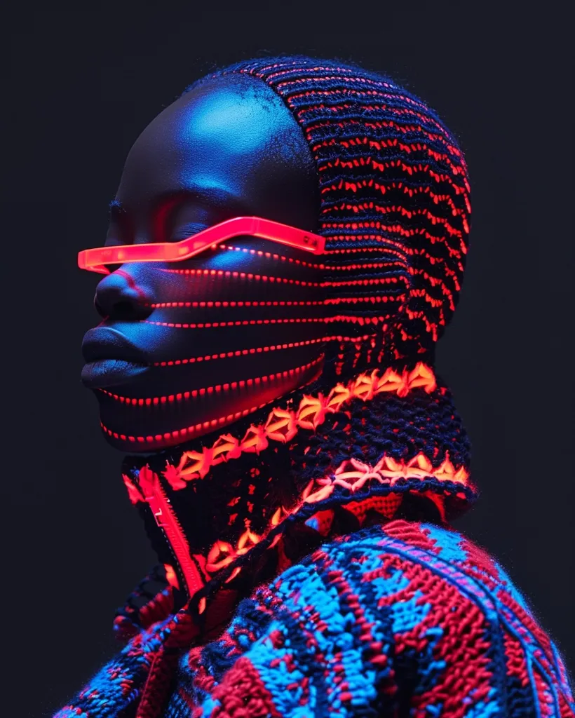 A person with dark skin is wearing a knitted hat and sweater with red and blue patterns. They are wearing red neon glasses that have red neon lights across their face. The person's face is lit with blue and red lights, and they are looking off to the side. The background is dark.