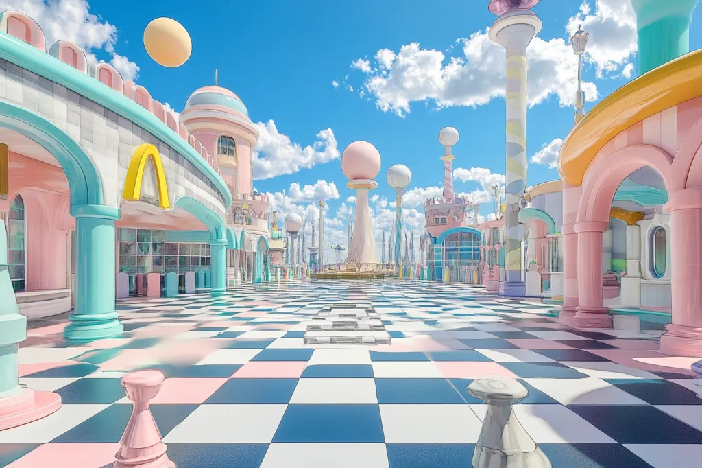The image shows a whimsical, brightly colored cityscape with pastel pink, blue, and yellow buildings. The central area is paved with a giant checkerboard pattern, with two chess pieces in the foreground. In the background, a tall, white structure with a pink ball on top dominates the landscape. The sky is blue and sunny, with fluffy clouds adding to the dreamlike atmosphere. The overall feel is playful and surreal, inviting viewers to explore this fantastical world.