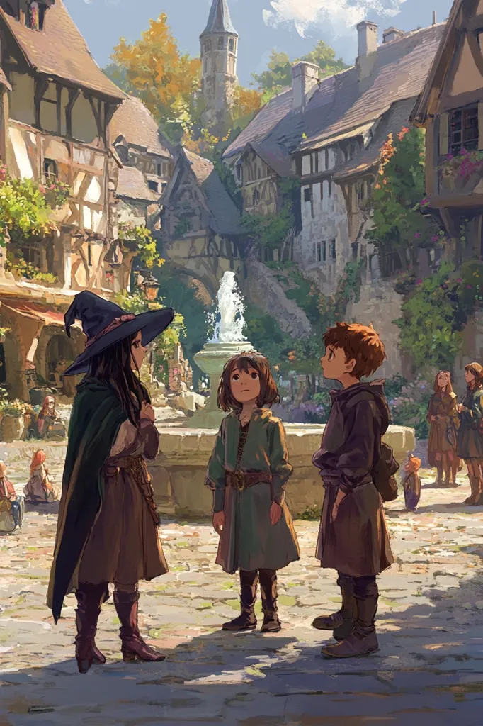 A group of children stand in a cobbled square, surrounded by charming medieval buildings. A tall woman in a witch's hat and cloak converses with a young girl in green and a boy in brown.  The square is filled with lush greenery, and a fountain gushes in the center.  Sunlight bathes the scene, adding warmth and a touch of magic.