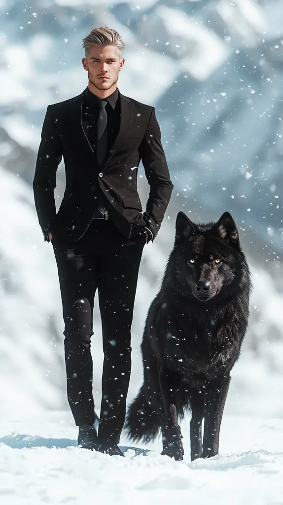A man in a black suit stands in a snowy landscape, with a black wolf beside him. The man has light blonde hair and a serious expression, his hands tucked into his pockets. The wolf looks directly at the camera, its fur blending with the snowy background.  The scene has a dark and mysterious atmosphere.
