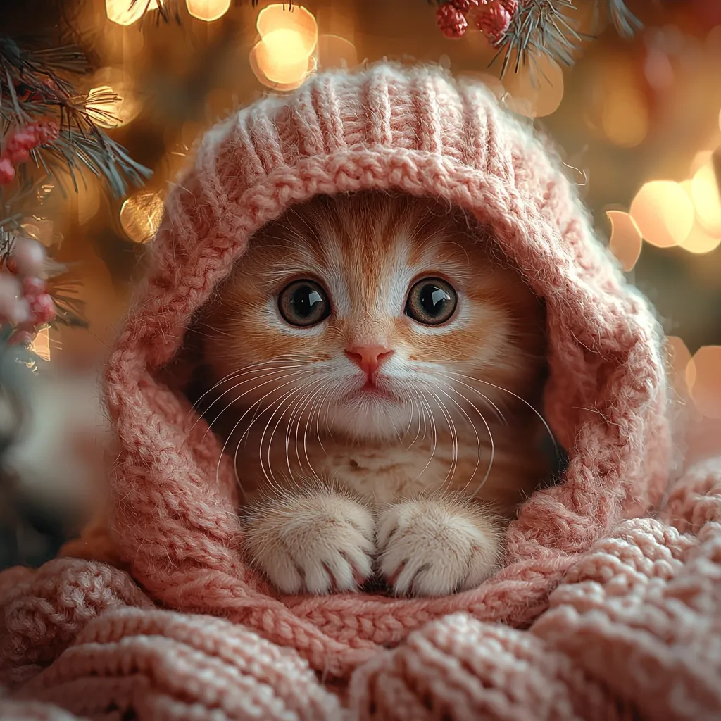 A small orange tabby kitten with big, curious eyes peeks out from under a soft pink knitted blanket.  The kitten's paws are tucked neatly under its chin, and its whiskers are twitching.  Warm, blurry lights illuminate the scene, creating a cozy and inviting atmosphere.  The image evokes a sense of comfort and warmth.