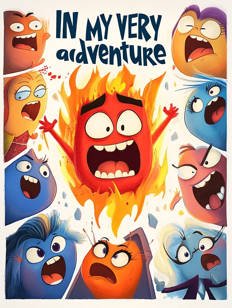 The image is a vibrant illustration of a group of cartoon characters, seemingly in the middle of a chaotic adventure.  A fiery red character, engulfed in flames, takes center stage with a wide-eyed expression and a joyful shout.  Surrounding him are various colorful characters, each with their own unique expressions and personalities, suggesting a fun and energetic storyline.  The bold colors and expressive faces create a playful and engaging atmosphere.  The title "IN MY VERY adventure" at the top adds to the sense of excitement and anticipation.