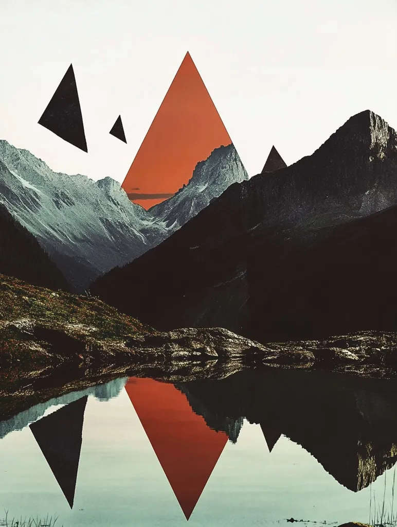 A serene mountain landscape, a still lake reflects a majestic peak, framed by geometric shapes in a vibrant red and black, creating a harmonious composition of nature and abstract design. The reflection in the lake creates a sense of depth and symmetry, inviting contemplation.  The image evokes a feeling of tranquility and wonder.