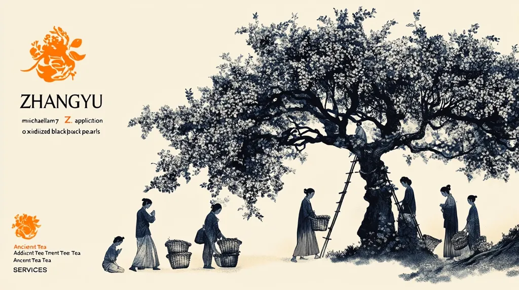A large tree with blooming white flowers is the centerpiece of this illustration. Six women in traditional Asian clothing are gathered around the tree, some carrying baskets. A ladder leans against the trunk, suggesting they are harvesting the flowers. The style is simple and elegant, with a muted color palette and a focus on the natural world. The image evokes a sense of peace and tranquility.  A caption at the bottom reads "Ancient Tea," hinting at the purpose of the gathering.  The overall impression is one of beauty and harmony.