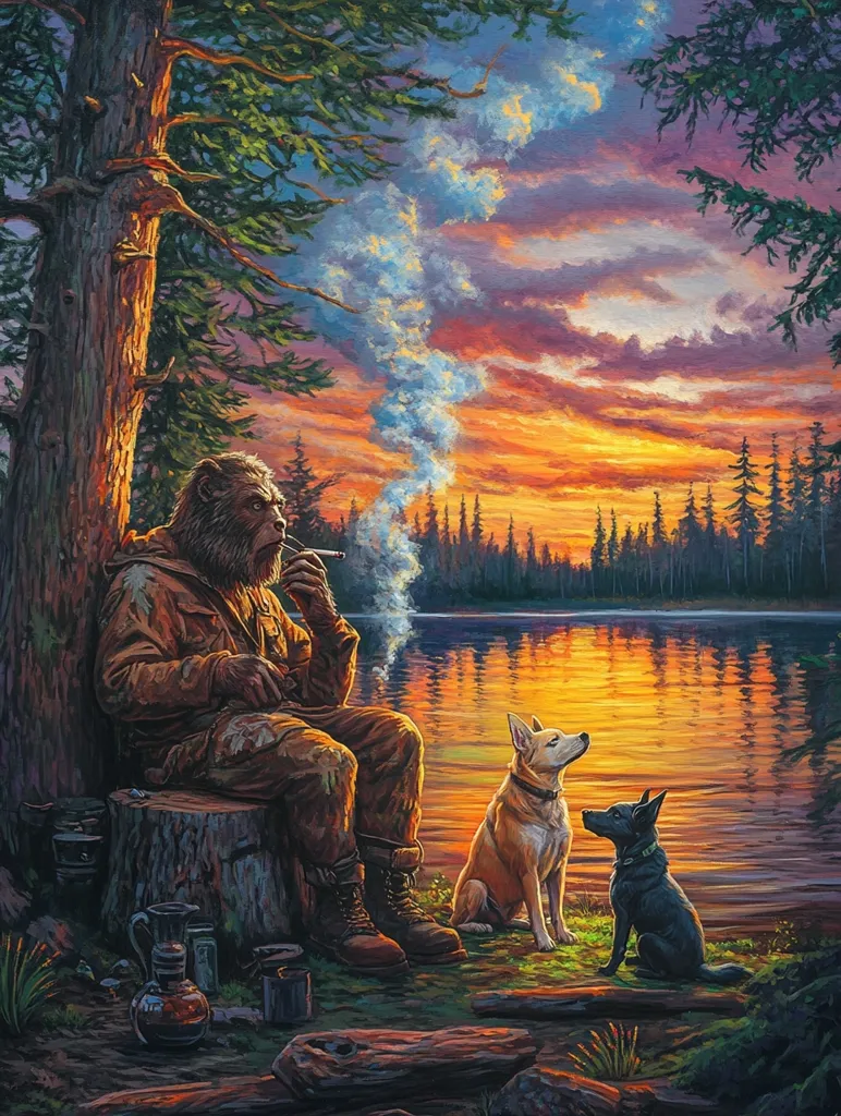 A large, furry man sits on a tree stump by a lake, smoking a pipe. Two dogs sit beside him, looking up at the sunset. The sky is a vibrant orange and pink, reflected in the still water. Green trees surround the lake, creating a peaceful and secluded scene. The man's attire and the setting suggest a wilderness or outdoorsy environment.
