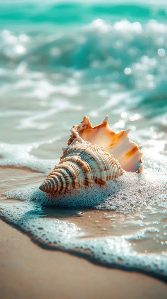 A large, spiraled seashell rests on the sandy beach, partially submerged in the foamy, receding tide. The shell has a light brown and white pattern, and its opening faces the viewer. The water behind the shell is a blur of blue and white, creating a sense of movement and tranquility. The scene is bathed in soft, warm sunlight.