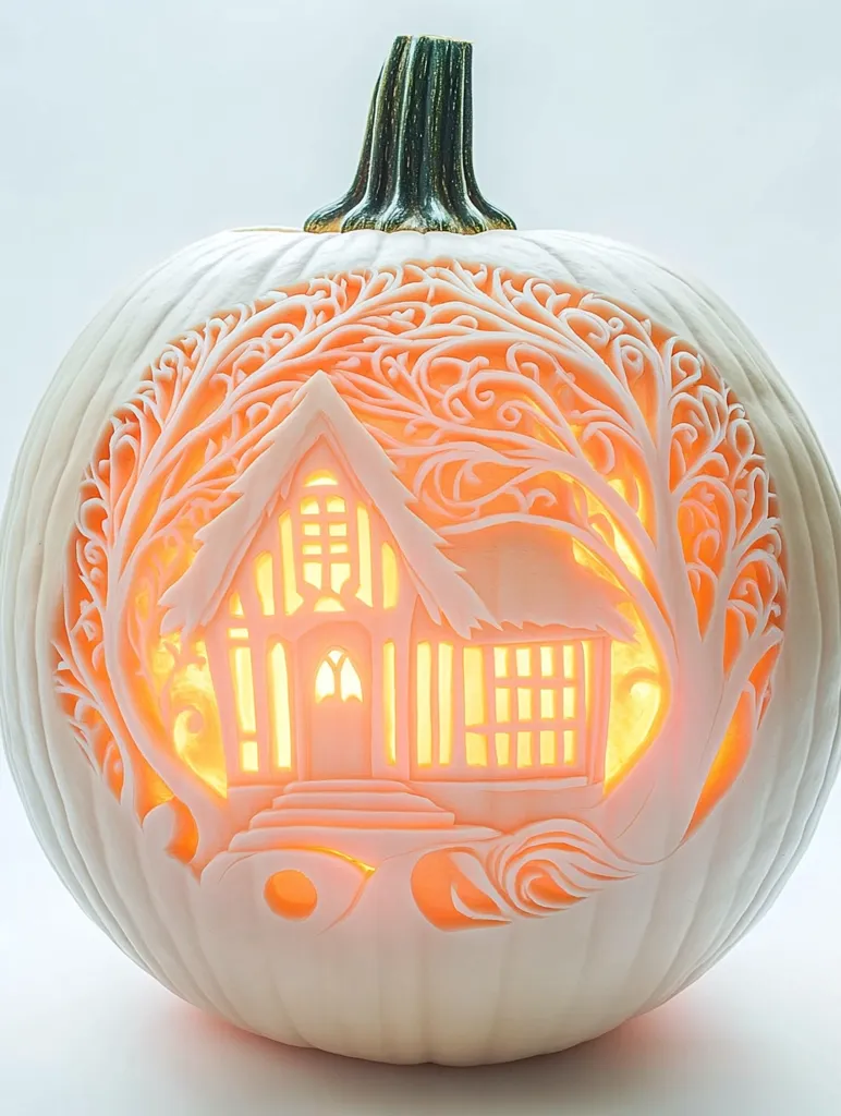 A intricately carved pumpkin depicts a small cottage nestled within a forest, illuminated from within. The carving is incredibly detailed, showcasing the intricate branches and leaves of the trees, the cottage's windows and door, and even the steps leading up to the entrance. The pumpkin's white surface and the warm glow of the light emanating from the cottage create a magical and whimsical scene.