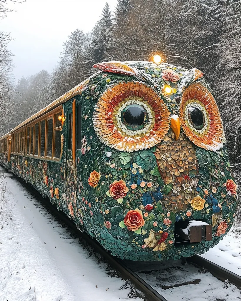 A train, decorated in an owl motif, is seen parked on a snow-covered track. The owl's face is made up of mosaic tiles and features large, round eyes. Flowers and leaves adorn the train, creating a whimsical and fairytale-like appearance.  The background is a snowy forest with tall trees.  The train is a unique and beautiful work of art.