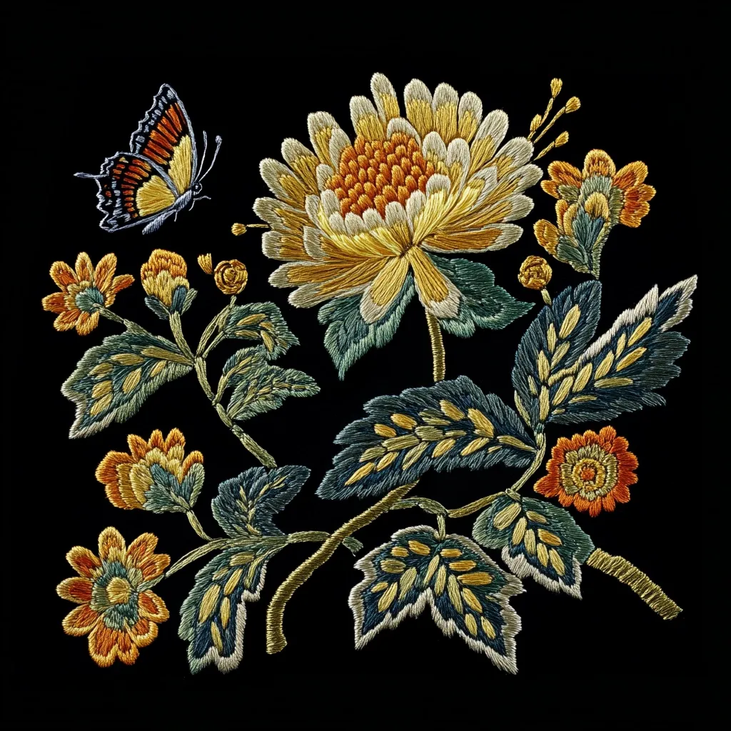 A detailed embroidered image of a large yellow chrysanthemum, surrounded by smaller flowers and leaves. A butterfly with black and orange wings perches on a branch, adding a touch of vibrant color to the design. The intricate stitching creates a textured and realistic representation of the floral arrangement. The dark background enhances the vibrancy of the colors and highlights the intricate details of the embroidery.