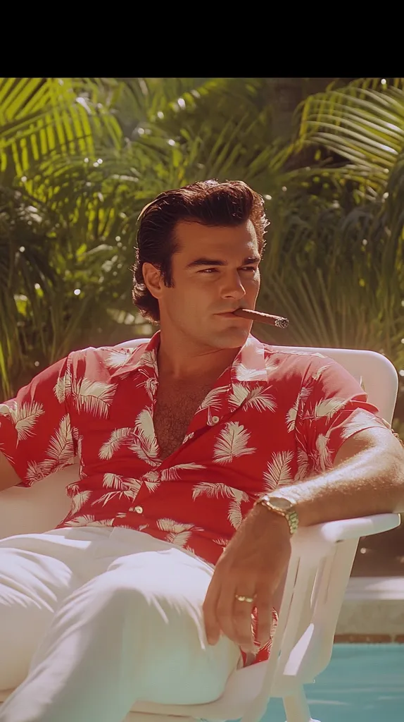 A man wearing a red and white Hawaiian shirt sits in a white chair by a pool. He has short, dark hair and is holding a cigar in his mouth. He is looking off to the side and has a serious expression on his face. The image is shot in a warm, retro style. Palm trees are seen in the background.