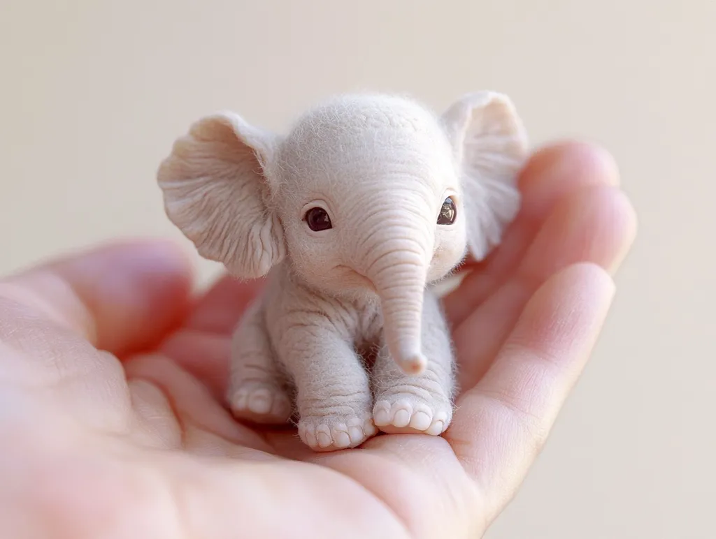A tiny, white elephant figurine sits in the palm of a hand. Its large ears are folded down, and it has small, delicate feet. The figurine is realistically detailed, with a trunk that curls upwards. The elephant is captured in a sweet and innocent pose, evoking a sense of wonder and cuteness.