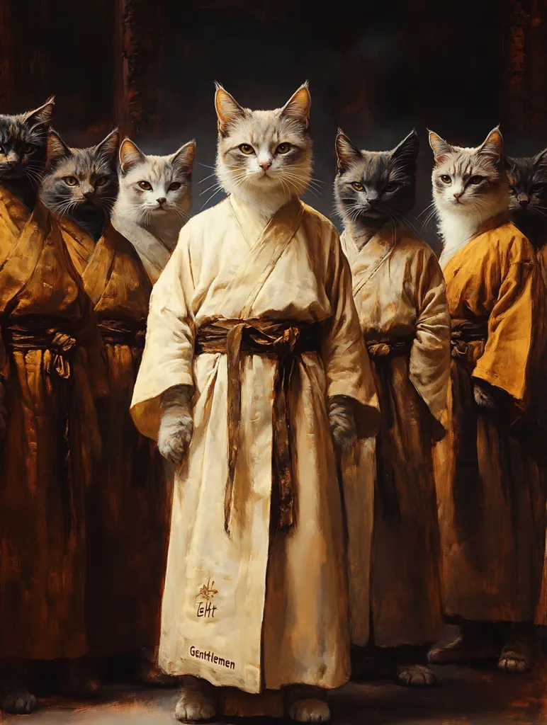 A group of cats dressed in robes stand in a line. The cat in the center is wearing a white robe with a black sash and the words "Gentlemen" embroidered on the bottom. The other cats are wearing yellow robes. The cats all have serious expressions on their faces, and the image is reminiscent of a group of monks. The image is humorous and playful, as it uses human clothing and symbolism to depict cats in a humorous way.