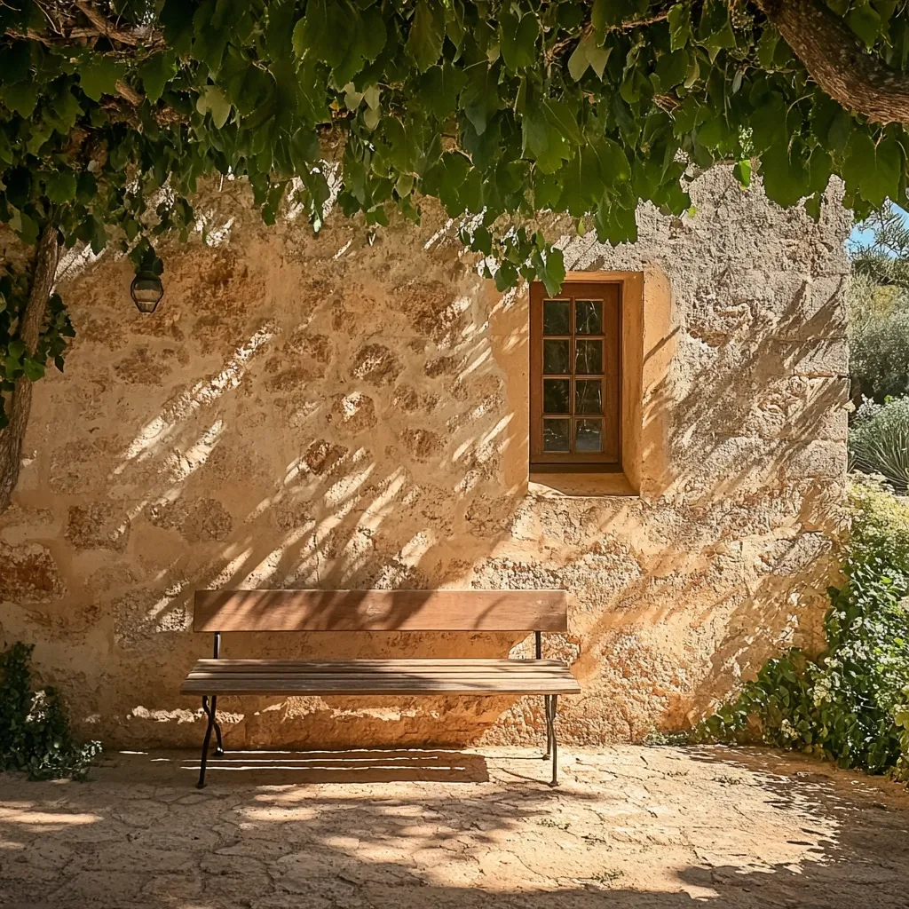 A wooden bench sits in front of a stone building with a single window. The building is shaded by a large tree, casting long shadows on the wall and the ground.  The bench is made of dark wood, with a simple design and black metal legs. The window is made of wood with panes of glass. The stone wall is rough and textured, with a warm, golden hue. The scene is peaceful and serene, evoking a sense of tranquility and solitude.