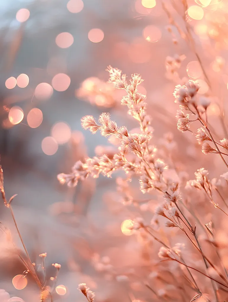 Delicate, pale pink wildflowers sway gently in a warm, golden light. The background blurs into a soft, ethereal glow, creating a dreamy and romantic atmosphere. The image captures the beauty of nature in a subtle and calming way.