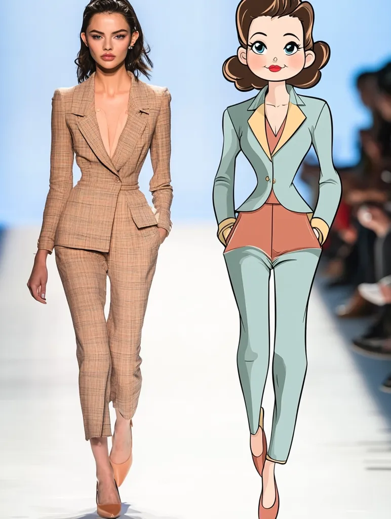 The image shows a woman in a brown plaid suit walking down a runway, with a cartoon version of herself beside her. The cartoon woman is wearing a light blue suit with orange accents and has big eyes and a bright red lip. Both women are striking a confident pose with their hands in their pockets, showcasing the tailored designs of their suits. The background is a blurred out runway setting, with a few people in the distance watching the show.