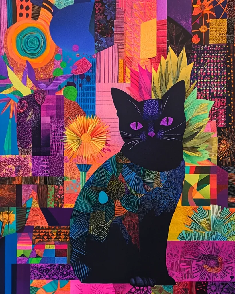A black cat sits in the center of a vibrant, multi-colored patchwork background. The cat’s fur is a dark silhouette against the bright colors. The background is a kaleidoscope of geometric shapes, floral patterns, and textures. The image is bold and visually striking, with a sense of playful energy and vibrant artistry.