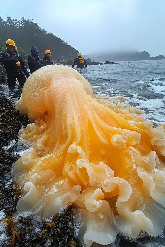 A large, orange, and white jellyfish lies on the shore, partially submerged in the water. It is surrounded by dark seaweed and the water's edge.  Four people in yellow life jackets stand in the shallows, looking at the jellyfish. The background is a hazy, grey shoreline.