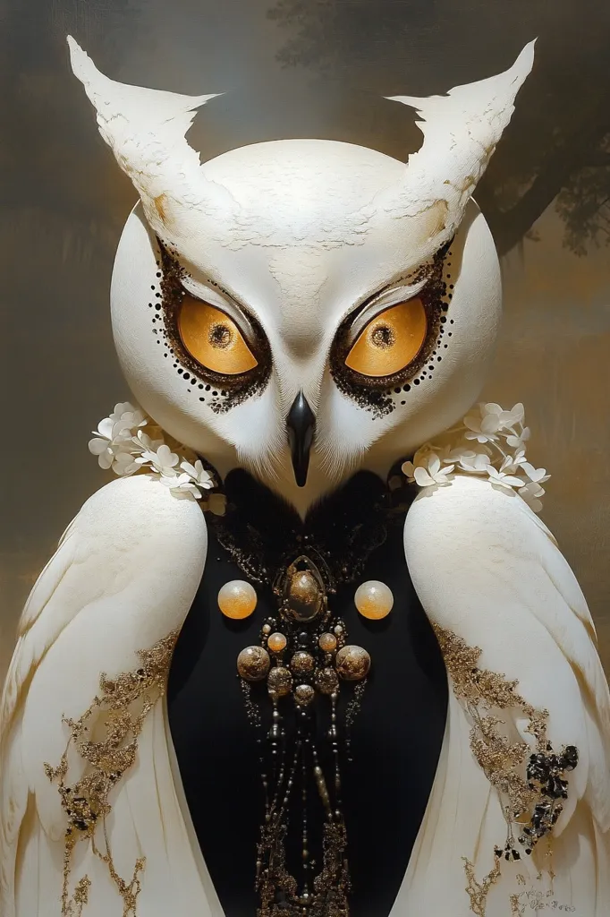 A large, white owl with golden eyes and ornate feathers is depicted in the image. The owl is wearing a black gown adorned with a golden necklace, suggesting a sense of royalty or power. The background is a soft, hazy grey, emphasizing the owl's striking appearance. The image's overall aesthetic is magical and captivating.