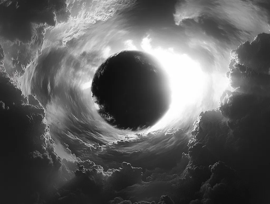 A black sphere, possibly a planet or moon, hangs in the center of a swirling vortex of clouds. The clouds are dense and dark, creating a dramatic and ominous atmosphere. The sphere is bathed in a bright light that shines through the clouds, creating a contrast between the darkness and light. The image is in black and white, which enhances the feeling of mystery and intrigue.  The composition is balanced, with the sphere positioned in the center and the clouds swirling around it in a circular motion. The image evokes a sense of awe and wonder, as well as a sense of the unknown and the vastness of space.
