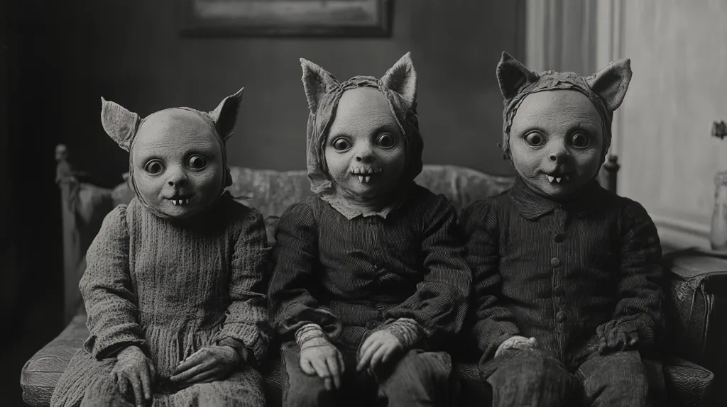 Three children are wearing unsettling masks that resemble animal faces. They are seated on a couch and looking directly at the camera. The black and white photograph gives the image a vintage and eerie feel.  The children's expressions are unsettling, with wide eyes and slightly open mouths. The masks are detailed and realistic, adding to the unsettling atmosphere.  The lighting is dim, casting shadows on the children's faces.  The image evokes a sense of unease and mystery.