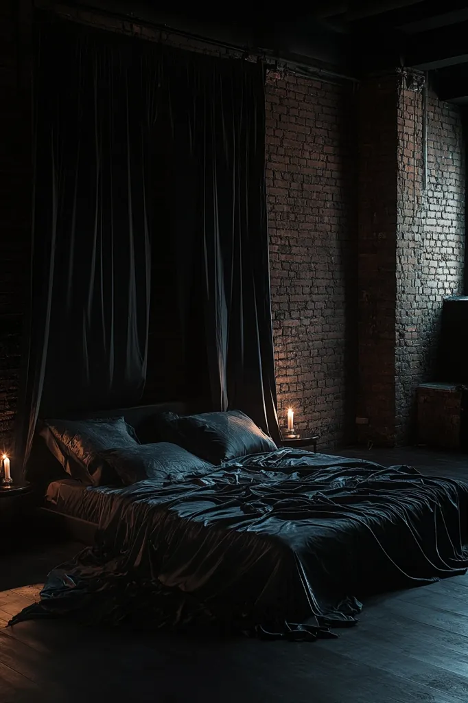 A dark and moody bedroom with a large bed draped in black fabric. The bed is positioned against a brick wall with a window behind it. There are two candles on small tables, casting a warm glow on the room. The dark colors and minimal lighting create a sense of mystery and intimacy.