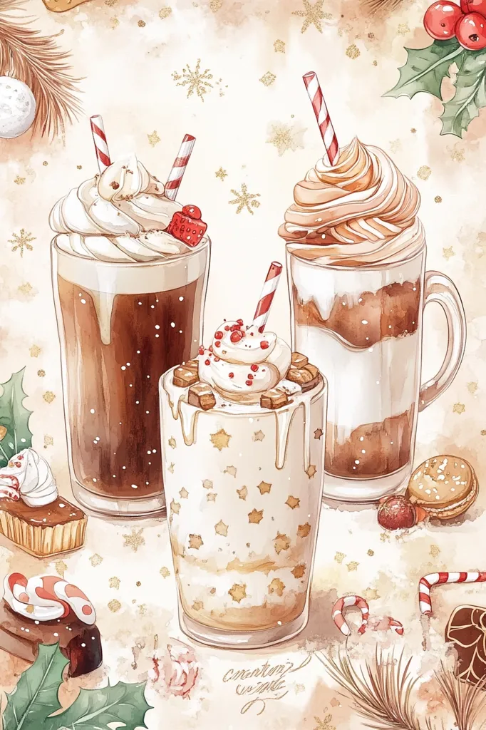 The image is a watercolor illustration of three festive holiday drinks in glasses topped with whipped cream and red and white candy cane straws. The drinks are adorned with gold glitter and sit on a beige background with scattered candy canes, holly leaves, and Christmas ornaments. The image evokes a sense of winter warmth and holiday cheer.