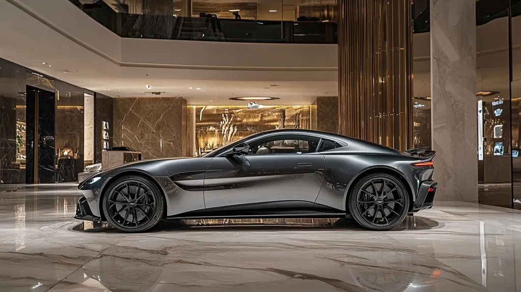 A sleek, dark grey sports car is parked in the middle of a luxurious, modern showroom with marble floors and large, glass-walled shopfronts. The car is positioned in the center of the image, with its side profile highlighted. The background features a high-ceilinged, open space with a second floor visible, suggesting an upscale retail environment. The car's sharp lines and powerful stance exude elegance and performance. The polished marble floor reflects the car and the surrounding environment, adding to the sense of luxury.  The image captures the essence of high-end automotive design and a sophisticated retail setting.