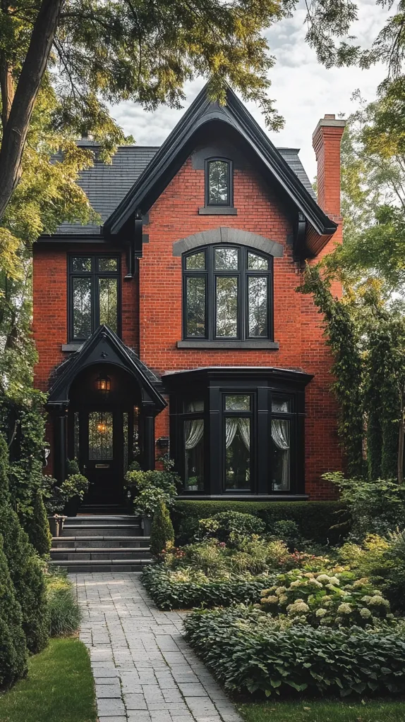 A red brick Victorian-style house with black trim stands majestically amidst lush greenery. The house boasts a unique, peaked roof with a dormer window and a charming front porch.  A stone path leads from the front door to a manicured lawn, showcasing a variety of plants and flowers. The overall aesthetic exudes elegance and timeless charm.