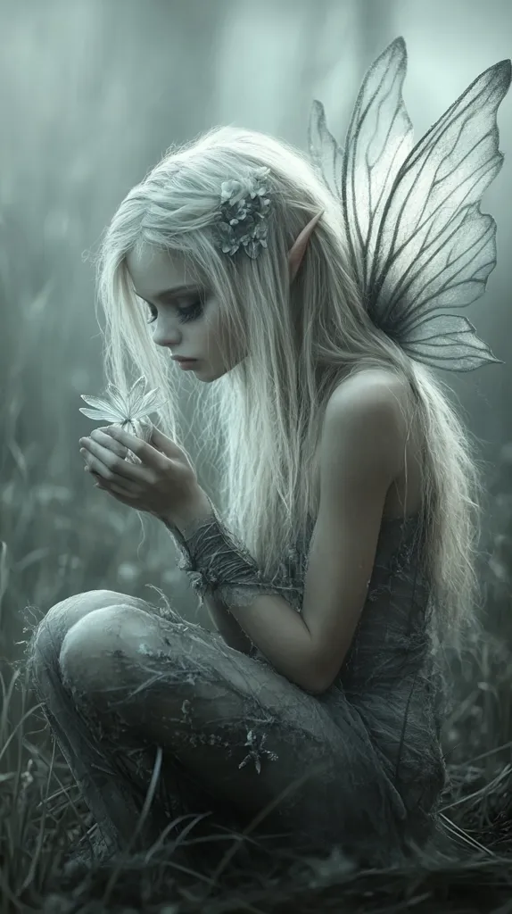A young woman with long white hair and delicate, pointed ears sits in a misty forest. She wears a flowing, ethereal gown and delicate, translucent wings. She holds a small white flower in her hand, her gaze cast downwards. The image is shrouded in an otherworldly, ethereal atmosphere, evoking a sense of magic and wonder.