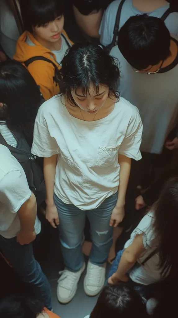A young woman wearing a white t-shirt and jeans stands in the middle of a crowded hallway, her head slightly bent down. She is surrounded by other people, some of whom are blurred, with only their backs or legs visible. The group is likely waiting for something or someone, as there is an air of anticipation in the atmosphere. The image captures a fleeting moment of everyday life, with the focus on the woman's quiet demeanor amidst the bustling crowd.