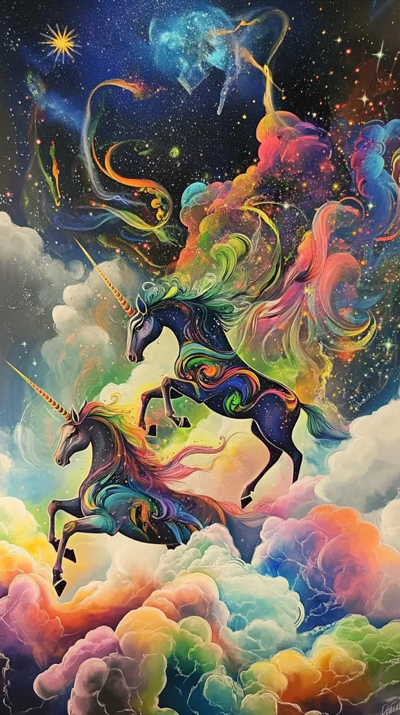 The image shows two magical unicorns galloping through a starry sky, their manes and tails swirling with vibrant colors. The background is a nebula of swirling, ethereal clouds, creating a dreamlike atmosphere. The unicorns' horns are glowing, and their eyes sparkle with otherworldly beauty. The entire scene is bathed in a soft, radiant light, making it seem as though the unicorns are soaring towards a celestial realm.