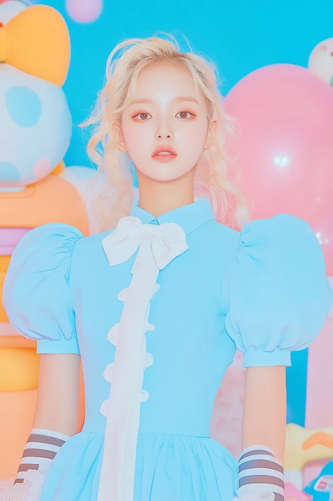 A young woman with long blonde hair and a pale complexion is wearing a light blue dress with puffy sleeves and a white bow. She has a delicate facial structure with large eyes and a small nose. The background is a pastel color scheme with pink and blue tones and features a large pink balloon.  The overall impression is one of youthfulness, innocence, and sweetness.