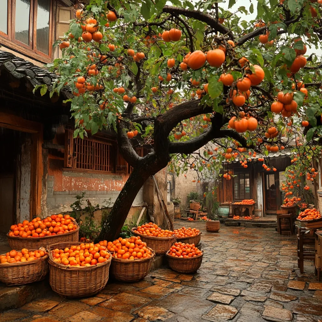 A large persimmon tree laden with ripe orange fruit stands in a courtyard. Baskets overflowing with persimmons are scattered on the cobblestone ground, creating a vibrant display of autumnal abundance.  The backdrop is a quaint, traditional Chinese house with wooden windows and a tiled roof. The atmosphere is peaceful and serene.