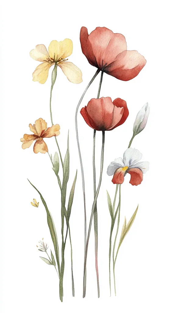 A watercolor illustration of a bouquet of flowers with delicate blooms in various shades of red, yellow, and white. The flowers are arranged in a whimsical pattern, their stems reaching upwards in a graceful arch. The background is a simple white, allowing the flowers to take center stage.  The soft, muted colors and flowing lines create a sense of tranquility and beauty.