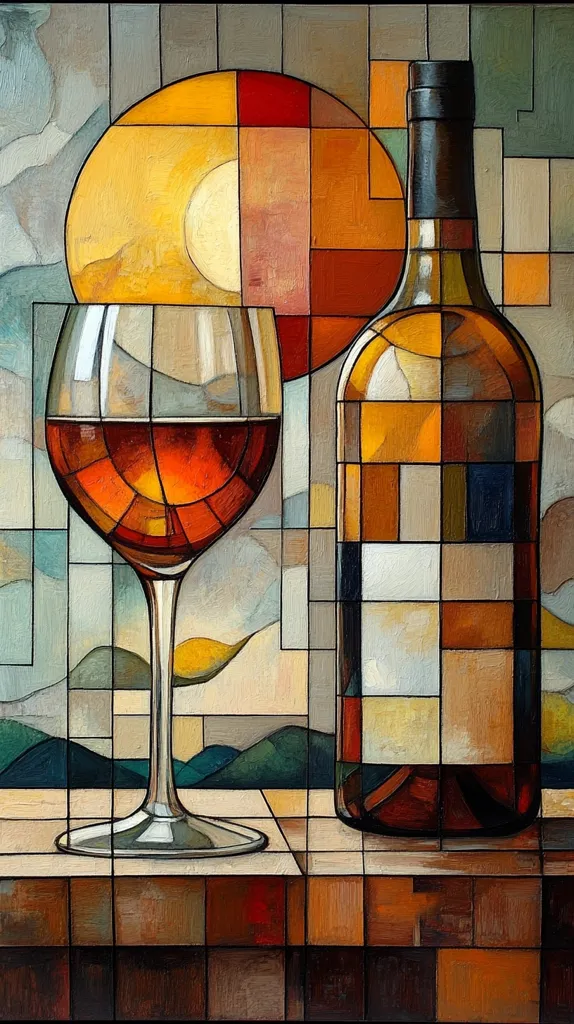 A still life painting depicts a wine glass filled with red wine and a bottle of wine resting on a checkered table. The background features a large, abstract, sun-like shape and a landscape with mountains in the distance. The painting uses a geometric style with blocks of color to create a sense of depth and texture.