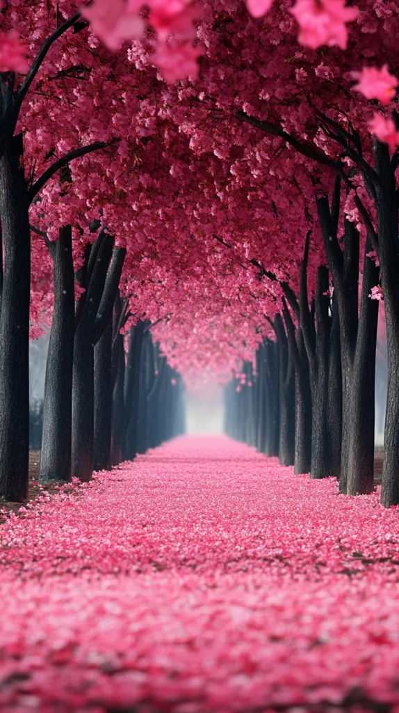 A pathway lined with trees in full bloom, their pink blossoms cascading down to form a carpet of petals on the ground. The trees create a tunnel of pink, leading to a hazy, light-filled space in the distance. The scene is bathed in a soft, ethereal glow.