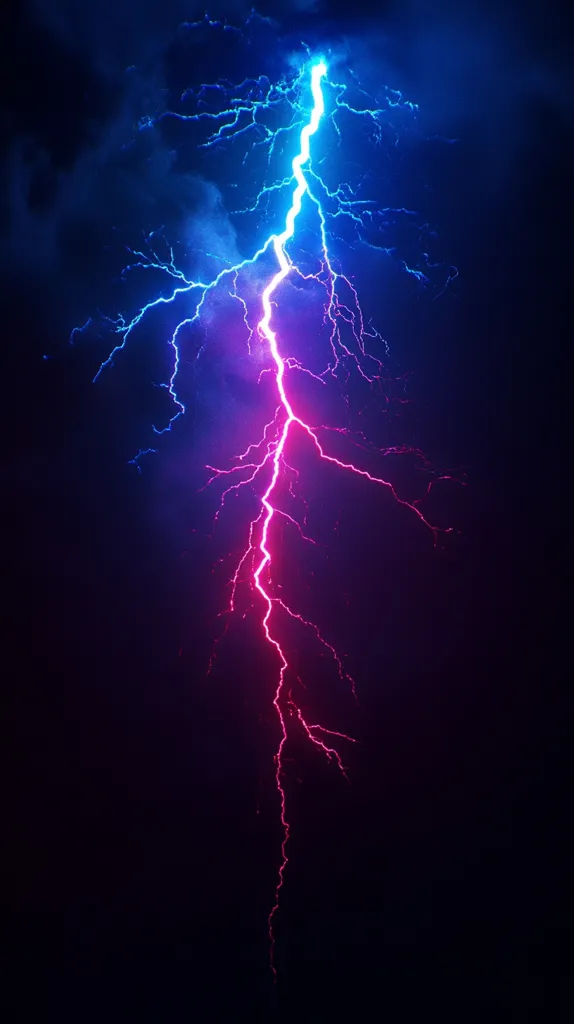 A single bolt of lightning strikes through a dark, stormy sky. The lightning is brightly lit in a vibrant pink and blue color, creating a dramatic contrast against the surrounding darkness. The lightning bolt appears to be branching and forking as it descends towards the ground. The image captures the raw power and beauty of a natural phenomenon.