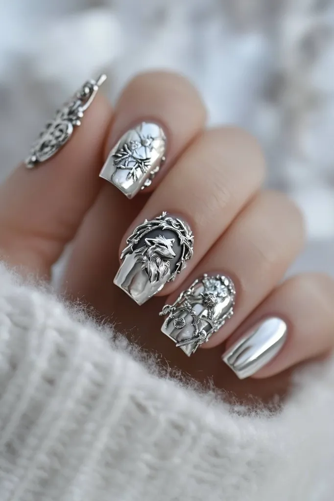 A hand with a white sweater sleeve rests on a white surface. Four of the five fingernails are adorned with intricate silver designs featuring a wolf, flowers, and intricate swirls. The remaining nail is polished with a simple silver mirror finish. The silver decorations add a touch of elegance and whimsy to the overall look.