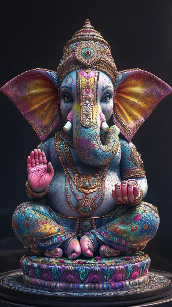 The image shows a colorful statue of the Hindu deity Ganesha. He is depicted with an elephant head, a large belly, and four arms, holding various objects. He is adorned with elaborate jewelry and sits on a decorated pedestal. The statue is painted in vibrant hues of blue, gold, pink, and purple, creating a striking visual effect. The intricate details and ornate embellishments highlight the artistry and devotion associated with this revered figure. The background is a dark black, enhancing the brilliance of the statue.