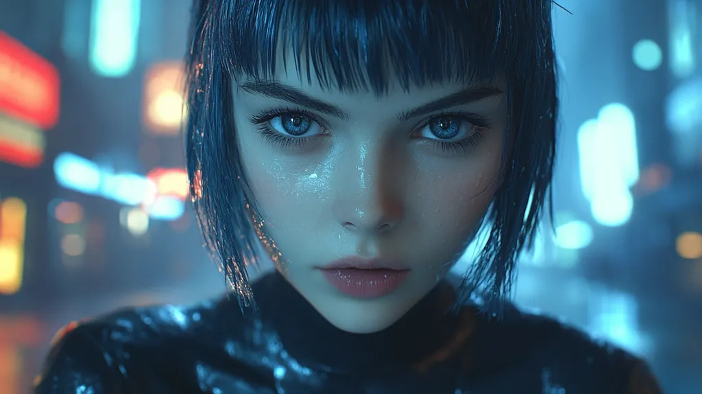The image shows a close-up of a woman's face. She has short black hair, piercing blue eyes, and a slightly parted, pink-tinted mouth. Her skin is pale and appears to be wet. She is staring directly at the viewer with a serious expression. The background is blurred and features bright lights, suggesting an urban nighttime setting. The overall mood of the image is mysterious and alluring.