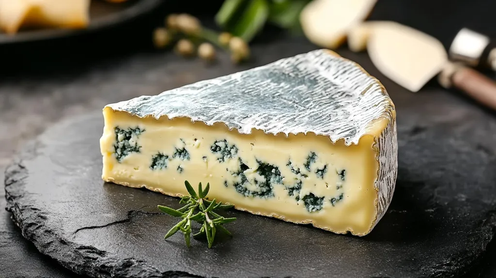 A wedge of blue cheese sits on a black slate platter. The cheese has a creamy white rind and is dotted with blue veins. A sprig of rosemary sits beside the cheese. The background is out of focus and features a blurred view of other cheeses and a cheese knife.  The image is a close-up, emphasizing the cheese's texture and color.
