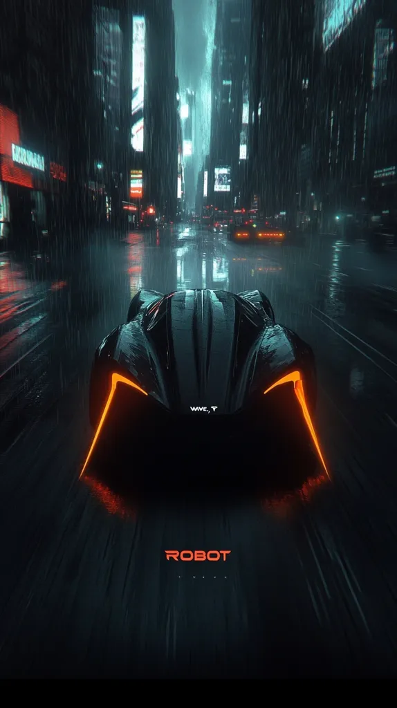 A sleek, black sports car with glowing orange lights drives down a rainy city street. The car's rear end is visible, with the words "WVE, T" inscribed on the back. The city buildings are tall and imposing, and the street is wet and reflective. The image has a dark and futuristic feel, with a sense of mystery and intrigue. The word "ROBOT" is written in red on the bottom of the image, adding to the futuristic theme.
