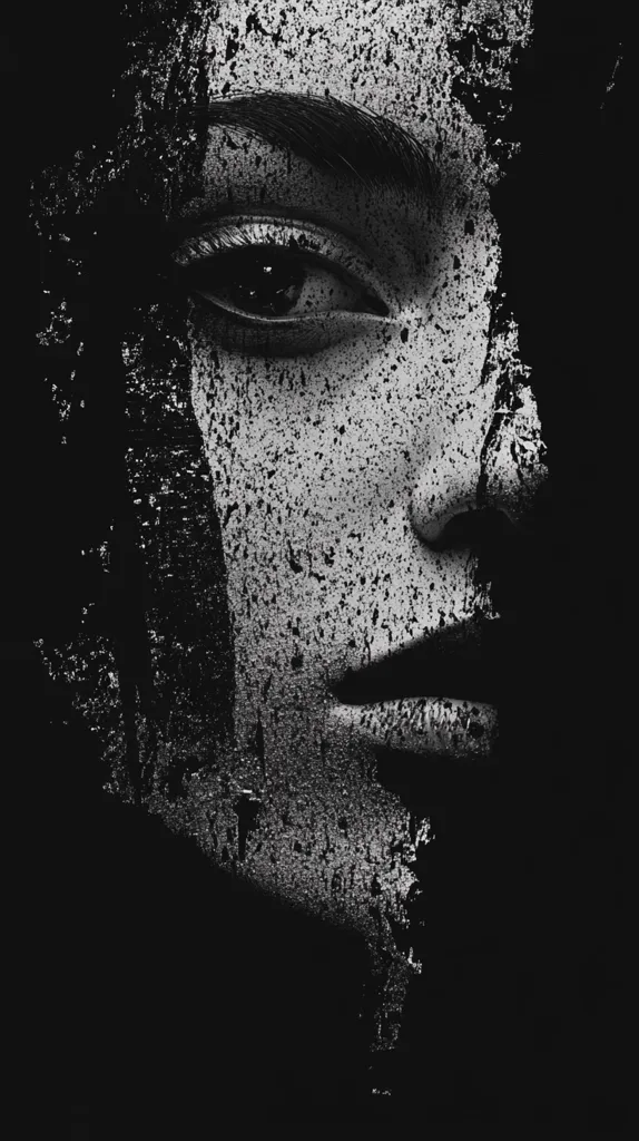 The image is a close-up, black and white portrait of a woman's face.  The woman's face is partially obscured by a textured, grainy overlay.  The  image creates a mysterious and moody aesthetic. Her right eye is visible and her face is partly obscured by a black background. The woman's expression is unreadable, and her lips are slightly parted. The image is likely intended to evoke feelings of mystery, intrigue, and possibly sadness.