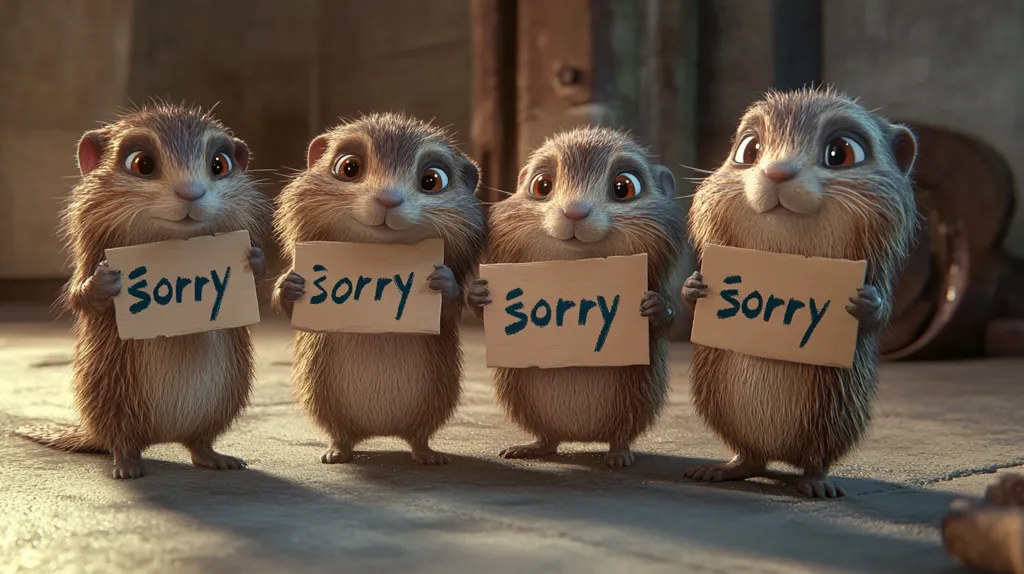 Four adorable, furry creatures, resembling small meerkats, stand in a row. Each holds a cardboard sign that reads "sorry." They have big, expressive eyes and innocent smiles, creating a humorous and endearing image. They appear to be apologizing for something, perhaps playfully. The setting seems to be a rustic, worn-out shed or barn, adding to the whimsical atmosphere.  The image is likely a still from an animated film or a children's book.