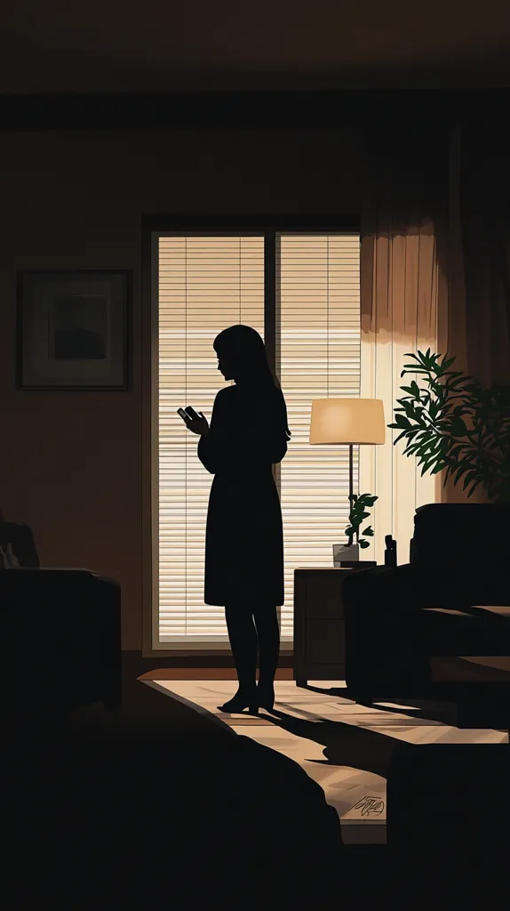 A woman in a long dress stands in silhouette in a dimly lit room.  She faces a large window with blinds, and a lamp casts light onto the wall.  She holds a phone in her hand.  There is a potted plant in the background, and a couch in the foreground, both also in silhouette.  The room is warm and inviting, but the woman's pose suggests a moment of solitude or contemplation.